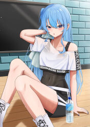 Rule 34 | 1girl, black shorts, black sports bra, blue eyes, blue hair, blush, breasts, character name, covered navel, crop top, crop top overhang, cropped shirt, hair between eyes, highres, hiiragi melt, hololive, hololive dance practice uniform, hoshimachi suisei, leotard, leotard under clothes, long hair, looking at viewer, midriff, official alternate costume, open mouth, shirt, shorts, solo, sports bra, sports bra peek, star (symbol), star in eye, sweat, symbol in eye, virtual youtuber, white shirt, white wristband, workout clothes