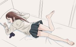 Rule 34 | 1girl, barefoot, black eyes, brown hair, conejologia, feet, highres, long hair, lying, on stomach, original, pillow, skirt, soles, solo, toes