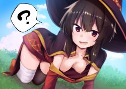 Rule 34 | 1girl, ?, all fours, bandaged leg, bandages, black cape, black hat, black thighhighs, blue sky, blurry, blush, breasts, brown footwear, brown hair, cape, chipa (arutana), collarbone, day, depth of field, downblouse, dress, hat, kono subarashii sekai ni shukufuku wo!, looking at viewer, megumin, nipple slip, nipples, off shoulder, open mouth, outdoors, red dress, red eyes, sky, small breasts, smile, solo, spoken question mark, thighhighs, witch hat