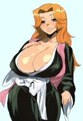 Rule 34 | 1girl, absurdres, black robe, bleach, breasts, cleavage, commentary, cowboy shot, english commentary, grey eyes, hand on own chest, highres, japanese clothes, large breasts, matsumoto rangiku, mole, mole under mouth, orange hair, parted lips, robe, simple background, smile, solo, white background, whoopsatro