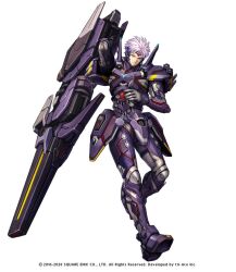 Rule 34 | 1boy, arm cannon, armor, artillery armor ricardo, circlet, closed mouth, commentary request, copyright notice, expressionless, full armor, full body, kijimoto yuuhi, looking at viewer, male focus, mecha, official art, purple armor, purple eyes, purple hair, ricardo franz, robot, short hair, simple background, solo, star ocean, star ocean anamnesis, v-shaped eyebrows, weapon, white background