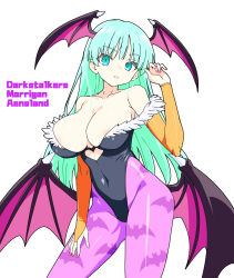 1girl animal_print bat_print breasts clothing_cutout covered_navel darkstalkers demon_girl green_eyes green_hair head_wings heart_cutout highleg highleg_leotard highres large_breasts leotard long_hair looking_at_viewer matuo3232 morrigan_aensland pantyhose print_pantyhose solo wings