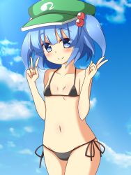 Rule 34 | 1girl, bare shoulders, bikini, blue eyes, blue hair, blue sky, blush, breasts, cloud, collarbone, day, double v, hair bobbles, hair ornament, hat, houkiboshi, kawashiro nitori, matching hair/eyes, micro bikini, navel, panties, sky, small breasts, smile, solo, swimsuit, touhou, twintails, two side up, underwear, v