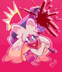 Rule 34 | 1girl, absurdres, artist request, attack, blood, creatures (company), game freak, hammer, happy, highres, holding, holding hammer, huge weapon, jumping, nintendo, no humans, pink background, pokemon, pokemon (creature), simple background, smile, solo, sparkling eyes, tinkaton, violence, weapon