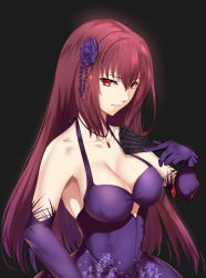 Rule 34 | 1girl, absurdres, argyle, argyle clothes, argyle cutout, black background, breasts, brown hair, cleavage, clothing cutout, collarbone, dress, elbow gloves, fate/grand order, fate (series), flower, gloves, hair between eyes, hair flower, hair ornament, hand fan, highres, holding, holding fan, jewelry, kamkac, large breasts, long hair, looking at viewer, necklace, purple dress, purple flower, purple gloves, red eyes, scathach (fate), scathach (formal dress) (fate), sideboob, simple background, sleeveless, sleeveless dress, smile, solo, underboob cutout, upper body, very long hair