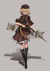 Rule 34 | 1girl, absurdres, banned artist, black footwear, blonde hair, boots, bow, bowtie, brooch, brown bow, brown bowtie, brown capelet, brown dress, brown hat, capelet, closed mouth, dress, full body, gun, hair over one eye, hat, highres, holding, holding gun, holding weapon, jewelry, knee boots, looking at viewer, original, red eyes, rifle, short hair, simple background, sniper rifle, solo, standing, weapon, weapon case, yiku (sim7368)