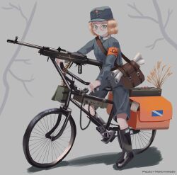Rule 34 | 1girl, absurdres, ammunition, ammunition belt, ammunition box, aqua eyes, armband, bag, bare tree, bicycle, bicycle bag, blonde hair, brown bag, buttons, closed mouth, commentary, corded phone, english commentary, expressionless, field cap, field radio, full body, gauge, glasses, grey hat, grey jacket, grey shorts, gun, hat, highres, jacket, klottinen, long sleeves, looking at viewer, machine gun, messenger bag, military hat, military jacket, on vehicle, orange armband, original, paper, phone, plant, radio, riding, riding bicycle, rifle cartridge, round eyewear, safety pin, short hair, shorts, shoulder bag, soldier, solo, tree, weapon, wheat