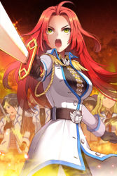 Rule 34 | angry, breasts, fire, jeyina, large breasts, long hair, lowres, military, military uniform, red hair, sword, sword girls, uniform, weapon, yellow eyes
