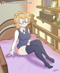 Rule 34 | 1girl, blonde hair, book, fezcake, glasses, hairband, highres, legs, little witch academia, lotte jansson, patreon, short hair, solo, thighhighs