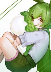 Rule 34 | 1girl, absurdres, akikaze 46, closed mouth, hugging doll, fetal position, food, food on clothes, food on face, green hair, green suspenders, highres, knees up, licking lips, long hair, looking at viewer, low ponytail, hugging object, shirt, short sleeves, shorts, solo, tongue, tongue out, twitter username, voiceroid, voicevox, white background, white shirt, yellow eyes, zunda mochi, zundamon