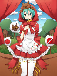 Rule 34 | &gt; &lt;, 1girl, :o, animal, animal on head, apron, aqua eyes, aqua hair, arm behind back, blush, bow, closed eyes, cosplay, cowboy shot, curtains, day, dress, frilled dress, frills, grass, hair between eyes, hatsune miku, highres, hood, little red riding hood, little red riding hood (grimm), little red riding hood (grimm) (cosplay), looking at viewer, mikuzukin (module), on head, open mouth, project diva (series), project diva 2nd, red dress, revision, ribbon-trimmed clothes, ribbon-trimmed headwear, ribbon-trimmed legwear, ribbon trim, short hair, short sleeves, sky, solo, standing, sudachi (calendar), theater, thighhighs, tree, vocaloid, white thighhighs, wrist cuffs