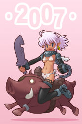 Rule 34 | 00s, 1girl, 2007, armor, boar, boots, eyepatch, hige (higeen), new year, solo, sword, thighhighs, weapon