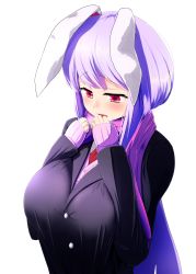 Rule 34 | 1girl, animal ears, blush, breasts, denki (biribiri), highres, huge breasts, large breasts, light purple hair, long hair, looking down, rabbit ears, red eyes, reisen udongein inaba, scarf, simple background, solo, touhou, very long hair, white background