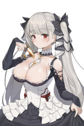 1girl absurdres azur_lane bad_id bad_pixiv_id between_breasts binu_(nadenade) black_ribbon breasts cleavage collarbone cup dress earrings formidable_(azur_lane) grey_hair hair_ribbon highres jewelry large_breasts long_hair looking_at_viewer red_eyes ribbon simple_background solo tea teacup twintails two-tone_dress two-tone_ribbon white_background white_ribbon