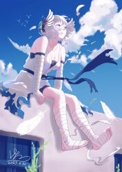 Rule 34 | 1girl, arm wrap, black shorts, blue eyes, breasts, cleavage, closed mouth, cloud, commentary, dated, day, english commentary, expressionless, feathers, foot wraps, full body, head wings, highres, in-universe location, leaning forward, looking afar, medium breasts, official alternate costume, outdoors, ragnarok online, shirt, short bangs, short hair, shorts, signature, sitting, sleeveless, sleeveless shirt, solo, sura (ragnarok online), toes, vin love, white hair, white shirt, white wings, wings