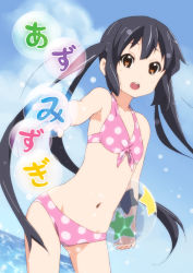 Rule 34 | 1girl, ball, bare shoulders, beachball, bikini, black hair, brown eyes, day, errant, foreshortening, front-tie top, groin, k-on!, long hair, nakano azusa, navel, open mouth, outstretched arm, pink bikini, polka dot, polka dot bikini, polka dot swimsuit, sidelocks, sky, smile, solo, swimsuit, translated, twintails, wading