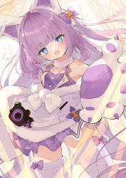 Rule 34 | 1girl, animal ears, azur lane, backlighting, bare shoulders, bear paws, blue eyes, blunt bangs, blush, boots, bow, breasts, collarbone, commentary request, fake animal ears, fur choker, hair bow, head tilt, headgear, highres, long hair, looking at viewer, open mouth, purple bow, purple hair, small breasts, smile, solo, standing, tashkent (azur lane), tashkent (muse) (azur lane), thigh boots, thighhighs, very long hair, waguri-rate, white thighhighs