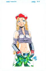 Rule 34 | 1girl, ahoge, alternate costume, antenna hair, bare shoulders, belt, beret, blonde hair, blue eyes, braid, breasts, cammy white, camouflage, camouflage pants, capcom, chamba, crop top, detached sleeves, elbow gloves, final fight, final fight streetwise, fingerless gloves, gloves, hands in pockets, hat, highres, huge ahoge, lips, long hair, marker (medium), midriff, navel, pants, scar, signature, solo, street fighter, traditional media, turtleneck, twin braids, zipper