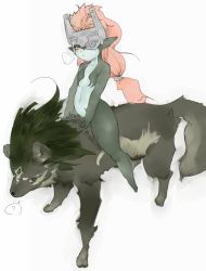 Rule 34 | ..., 1boy, 1girl, ?, animal, animal ear fluff, animal hands, bare shoulders, belly, body markings, breasts, collarbone, colored sclera, colored skin, fur, hairband, headdress, helmet, link, long ears, long hair, long pointy ears, midna, multicolored skin, navel, nintendo, nude, orange hair, pointy ears, red eyes, riding, shiny skin, sindoll, small breasts, sweat, tail, the legend of zelda, the legend of zelda: twilight princess, thick thighs, thighs, triangle mouth, two-tone fur, two-tone skin, white background, wolf, wolf link, yellow sclera