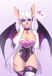Rule 34 | 1girl, adapted costume, animal collar, animal ears, animal nose, bare shoulders, bat ears, bat girl, bat wings, blue eyes, breasts, collar, covered navel, earrings, elbow gloves, eyeshadow, furry, furry female, gem, gloves, heart, highres, jewelry, leotard, lipstick, long hair, makeup, rexisminimalis, rouge the bat, sonic (series), spoken heart, thighhighs, tongue, tongue out, white fur, white hair, wings