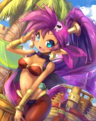 Rule 34 | 1girl, arabian clothes, arm up, bandeau, blue eyes, blue sky, bracer, breasts, choker, circlet, cleavage, cloud, cloudy sky, collarbone, commentary, dancer, dark-skinned female, dark skin, day, earrings, english commentary, hair ornament, harem pants, headband, high ponytail, hoop earrings, jewelry, long hair, looking at viewer, medium breasts, navel, o-ring, o-ring top, open mouth, outdoors, pants, pirate, pointy ears, pointy footwear, ponytail, purple choker, purple hair, purple neckwear, purple vest, red footwear, salute, shantae, shantae (series), ship, shoes, skull print, sky, solo, stomach, takuyarawr, teeth, tree, underboob, upper teeth only, vambraces, very long hair, vest, watercraft