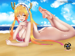 Rule 34 | 1girl, absurdres, ass, beach, bikini, bikini top only, blonde hair, blush, bottomless, breasts, collarbone, commentary, day, demonivan, dragon girl, dragon horns, fang, frilled bikini, frills, gradient hair, highres, horns, kobayashi-san chi no maidragon, large breasts, long hair, lying, maid headdress, multicolored hair, ocean, on stomach, one eye closed, open mouth, orange hair, outdoors, sand, sidelocks, sky, slit pupils, smile, solo, spanish commentary, swimsuit, the pose, tohru (maidragon), towel, twintails, twitter username, water