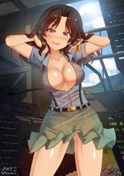 Rule 34 | 1girl, aoshidan school uniform, black hair, blue eyes, blush, breasts, cameltoe, cleavage, collarbone, el (girls und panzer), girls und panzer, gluteal fold, highres, impossible clothes, impossible skirt, large breasts, looking at viewer, medium hair, megadeko, microskirt, military, military vehicle, motor vehicle, open mouth, school uniform, shiny skin, short sleeves, skirt, smile, solo, sweat, tank