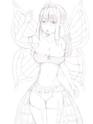 Rule 34 | 1girl, arm up, bare shoulders, blush, breasts, cameltoe, cleavage, collarbone, covered navel, elbow gloves, fairy, fairy wings, female focus, gloves, greyscale, half-closed eyes, highres, large breasts, leotard, long hair, monochrome, nakanun, navel, open mouth, original, pointy ears, simple background, solo, standing, strapless, thighhighs, tiara, white background, wings