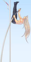Rule 34 | 1boy, absurdres, anbe yoshirou, final fantasy, final fantasy vii, full body, highres, long hair, male focus, masamune (ff7), oversized object, pants, pole vault, sephiroth, silver hair, solo, sword, topless male, weapon