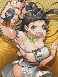 Rule 34 | 1girl, 2boys, armpits, arms up, bare hips, body markings, breasts, brown eyes, brown hair, chibi, cleavage, clenched hands, dress, facial mark, fate/grand order, fate (series), forehead mark, formal, head bump, highres, himiko (fate), himiko (first ascension) (fate), jewelry, large breasts, magatama, magatama necklace, multiple boys, necklace, none (kameko227), okada izou (fate), saitou hajime (fate), sideboob, suit, white dress