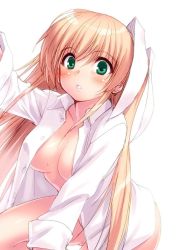 Rule 34 | 1girl, blonde hair, blouse, blush, bottomless, breasts, cleavage, collarbone, green eyes, hair ornament, hanging breasts, large breasts, little busters!, long hair, long sleeves, looking at viewer, naked shirt, no bra, open clothes, open mouth, open shirt, parted lips, ribbon, shirt, solo, sweat, tareme, tokido saya, triangle mouth, twintails, white shirt, zen