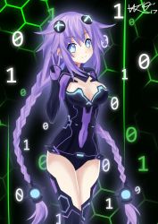 Rule 34 | 1girl, black background, blue eyes, blush, braid, breasts, cleavage, hair ornament, highres, honeycomb (pattern), honeycomb background, large breasts, leotard, long hair, looking at viewer, neptune (neptunia), neptune (series), purple hair, purple heart (neptunia), signature, smile, solo, symbol-shaped pupils, thighhighs, twin braids, v, very long hair, weresdrim