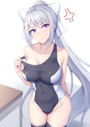 Rule 34 | 1girl, absurdres, anger vein, arm behind back, black thighhighs, breasts, cleavage, closed mouth, collarbone, commentary request, cowboy shot, desk, grey hair, highres, higuchi kaede, large breasts, long hair, nijisanji, ohguro mariya, ponytail, purple eyes, school desk, simple background, solo, standing, thighhighs, very long hair, virtual youtuber, white background