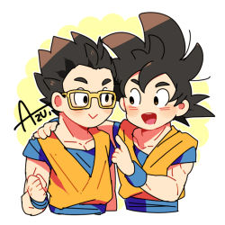 Rule 34 | 10s, 2boys, :&gt;, :d, artist name, azu (kirara310), bad id, bad pixiv id, black eyes, black hair, clenched hand, dougi, dragon ball, dragon ball super, dragonball z, father and son, glasses, happy, index finger raised, looking at another, male focus, multiple boys, open mouth, short hair, simple background, smile, son gohan, son goku, spiked hair, white background, wristband, yellow background