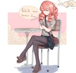 Rule 34 | 1boy, 1girl, bag, black skirt, blush, chair, closed eyes, commentary, crossdressing, crossed arms, drill hair, english commentary, english text, grey pantyhose, highres, male focus, miniskirt, original, pantyhose, parted lips, pink hair, popopoka, sandals, shirt, shoulder bag, skirt, smile, solo focus, spill, striped clothes, striped shirt, table, trap, white shirt