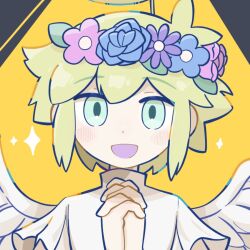Rule 34 | 1boy, angel, basil (faraway) (omori), basil (omori), blonde hair, blue eyes, blush, fake halo, fake wings, flower, halo, head wreath, looking at viewer, male focus, omori, open mouth, own hands clasped, own hands together, short sleeves, smile, solo, sr ld fr, upper body, wings
