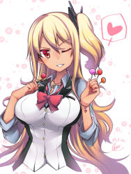 Rule 34 | 1girl, ah-64d (rick g earth), amatsuki colors, bow, bowtie, bracelet, breast suppress, breasts, candy, dated, food, hair between eyes, hair ornament, heart, heart bracelet, heart necklace, jewelry, large breasts, lollipop, long hair, looking at viewer, necklace, no legs, one eye closed, one side up, red bow, red bowtie, red eyes, rick g earth, solo, spoken heart, very long hair