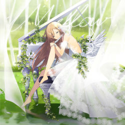 Rule 34 | 1girl, album cover, backless dress, backless outfit, barefoot, brown hair, cover, dress, feathered wings, feathers, flower, from side, hair ornament, instrument, ivy, knee up, long hair, looking at viewer, looking to the side, low wings, original, outdoors, piano, sitting, smile, sogawa, solo, stool, water, wedding dress, white dress, white flower, white wings, wings, wristband