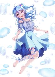 Rule 34 | 1girl, :d, absurdres, ahoge, bang dream!, bare shoulders, barefoot, blue nails, blue ribbon, blue shirt, blue skirt, blush, bubble, collarbone, commentary request, detached sleeves, double exposure, flower, frilled sleeves, frills, full body, hair flower, hair ornament, highres, himemiya chiharu, jellyfish, leg ribbon, long hair, looking at viewer, matsubara kanon, nail polish, one side up, open mouth, purple eyes, ribbon, shirt, short sleeves, skirt, skirt hold, smile, solo, starry sky print, toenail polish, toenails