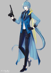 Rule 34 | 1boy, absurdly long hair, ahoge, black footwear, black gloves, black necktie, black pants, blue hair, blue jacket, blue shirt, bolt action, braid, buttons, character name, closed mouth, collared shirt, creatures (company), feathers, flower knot, full body, game freak, gen 8 pokemon, gloves, grey background, gun, hair between eyes, hair ribbon, hand on own hip, hand up, handgun, happy, heel-less heels, heel up, highres, holding, holding gun, holding weapon, humanization, index finger raised, inteleon, jacket, japanese text, long hair, long sleeves, looking at viewer, male focus, merlusa, multicolored hair, necktie, nintendo, pants, pokemon, ponytail, pouch, quill, ribbon, shirt, shoes, sidelocks, simple background, sleeveless, sleeveless jacket, smile, solo, standing, strap, suppressor, tailcoat, tassel, thigh strap, translated, trigger discipline, two-tone hair, two-tone pants, v-shaped eyebrows, very long hair, vest, weapon, welrod, white vest, yellow eyes, yellow feathers, yellow ribbon