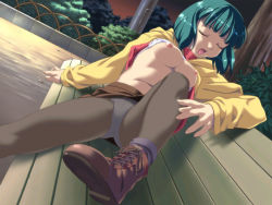 Rule 34 | 1girl, bench, boots, bra, bra lift, breasts, clothes lift, day, closed eyes, game cg, green hair, ino (magloid), large breasts, lingerie, nipples, open mouth, outdoors, panties, panties under pantyhose, pantyhose, pantyshot, peropero candy 2: lovely angels, shirt lift, short hair, sitting, skirt, solo, sweater, underwear, upskirt
