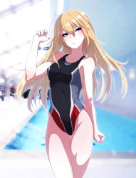 Rule 34 | 10s, 1girl, adapted costume, alternate costume, bare shoulders, bismarck (kancolle), blonde hair, blue eyes, blush, breasts, collarbone, competition swimsuit, covered navel, eyebrows, goggles, google glass, hair between eyes, highleg, highleg swimsuit, highres, kantai collection, kurihara kenshirou, long hair, looking at viewer, one-piece swimsuit, parted lips, pool, rei no pool, solo, standing, swimsuit, thighhighs, wet
