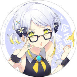 Rule 34 | 1girl, ^^^, bare shoulders, bespectacled, black-framed eyewear, black bow, blonde hair, blush, bow, clenched hands, collared shirt, fingernails, flower, glasses, gradient hair, hair bow, hair flower, hair ornament, hairclip, highres, looking at viewer, multicolored hair, nail polish, open mouth, shirt, sleeveless, sleeveless shirt, sogawa, solo, twitter username, virtual youtuber, wing collar, wristband, yellow eyes, yellow nails, yuzuha (channel), yuzuha (yuzuha virtual)