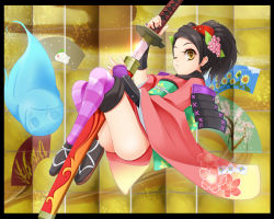 Rule 34 | ass, japanese clothes, lying, momohime, oboro muramasa, sword, weapon, wink