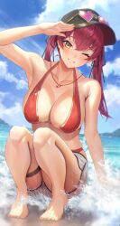 Rule 34 | 1girl, arm up, armpits, bare shoulders, barefoot, beach, bikini, black hat, blue sky, breasts, cloud, commentary request, day, feet, hat, heart, heart-shaped eyewear, heart necklace, highres, hololive, houshou marine, houshou marine (summer), jacket, jewelry, kobayashi (jna x rgh), large breasts, legs, long hair, looking at viewer, necklace, one eye closed, open clothes, outdoors, red bikini, red hair, revision, shorts, sitting, sky, smile, solo, sunglasses, swimsuit, toenails, toes, track jacket, twintails, virtual youtuber, water, white shorts, yellow eyes