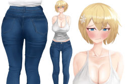 Rule 34 | 1girl, ass, blonde hair, blue eyes, blush, breasts, cleavage, closed mouth, collarbone, denim, full body, girls&#039; frontline, hair ornament, jeans, large breasts, pants, sleeveless, solo, vsk-94 (girls&#039; frontline)