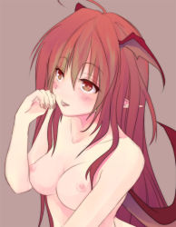 Rule 34 | 1girl, :p, ahoge, bat wings, blush, breasts, collarbone, from above, hand on own cheek, hand on own face, head wings, koakuma, long hair, looking up, nail polish, naughty face, nipples, nude, perky breasts, pink background, pointy ears, raised eyebrow, red hair, shiina shian, simple background, solo, tongue, tongue out, touhou, wings