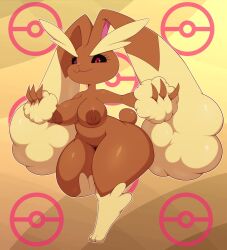 Rule 34 | 1girl, :3, animal feet, arm up, bigdon 92, black sclera, body fur, breasts, brown fur, cleft of venus, closed mouth, colored sclera, completely nude, creatures (company), female focus, full body, furry, furry female, game freak, gen 4 pokemon, groin, hand up, happy, highres, large areolae, large breasts, leg up, long ears, looking at viewer, lopunny, nintendo, nipples, nude, outline, outstretched arm, pink eyes, poke ball symbol, pokemon, pokemon (creature), pussy, rabbit ears, rabbit girl, rabbit tail, shiny skin, smile, solo, standing, standing on one leg, thick thighs, thighs, two-tone fur, uncensored, white outline, wide hips, yellow background, yellow fur