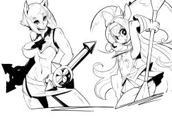 Rule 34 | 2girls, :q, animal ears, arc system works, areola slip, bare shoulders, bell, blazblue, blazblue: continuum shift, bow, breasts, crop top, cropped legs, dual wielding, fingerless gloves, flat chest, gloves, greyscale, hair bow, hairband, heart, heart-shaped pupils, holding, large breasts, long hair, magical girl, makoto nanaya, midriff, miniskirt, monochrome, multiple girls, narrow waist, navel, platinum the trinity, quad tails, sho-n-d, short hair, skirt, sleeveless, squirrel ears, staff, symbol-shaped pupils, tonfa, tongue, tongue out, two side up, underboob, very long hair, weapon