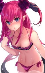 Rule 34 | 10s, 1girl, absurdres, bare arms, bare shoulders, bikini, blue eyes, blush, breasts, collarbone, dragon tail, elizabeth bathory (fate), elizabeth bathory (fate/extra ccc), embarrassed, fang, fate/extra, fate/extra ccc, fate/grand order, fate (series), gendo0032, highres, horns, lips, long hair, looking at viewer, navel, official alternate costume, panties, pink hair, pink panties, pointy ears, revealing clothes, side-tie bikini bottom, small breasts, solo, swimsuit, tail, thighs, two side up, underwear, wading, water